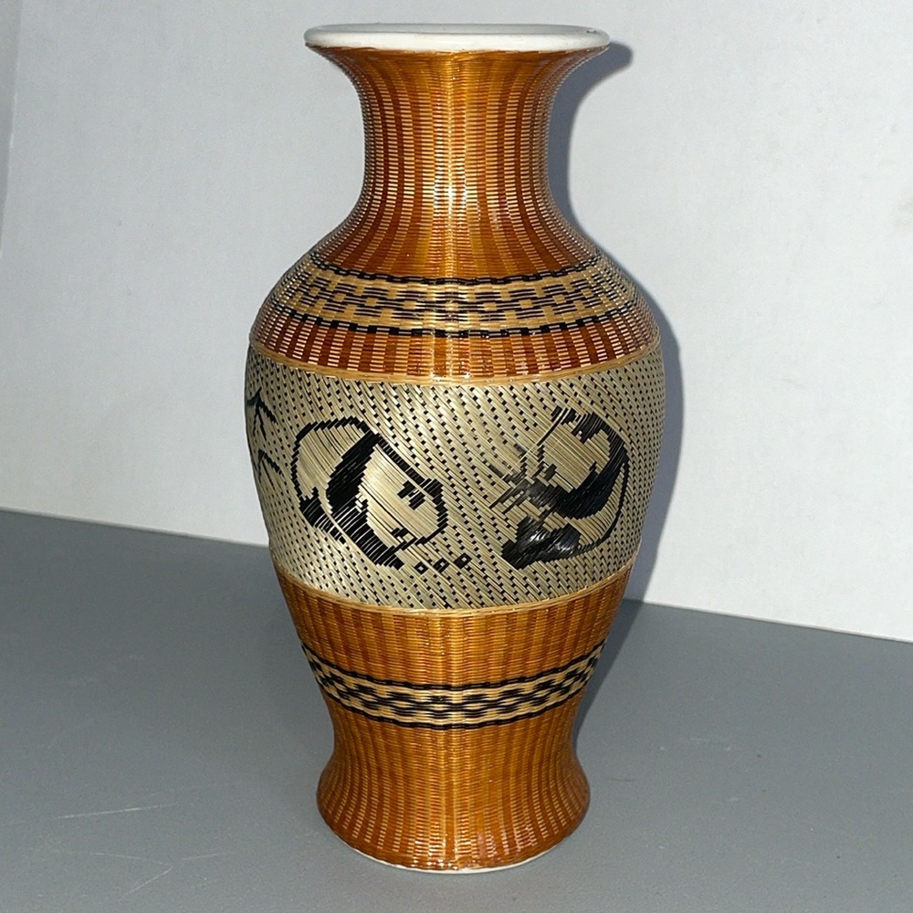 Panda Ceramic Vase Bamboo Straw Design Home Decor